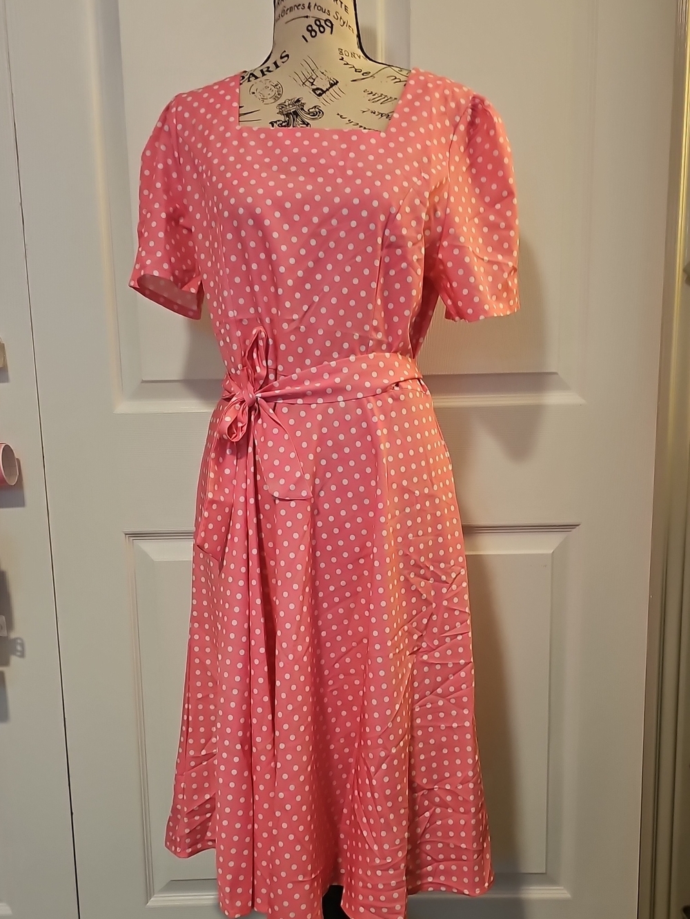 Polka Dot Pink Tie-Waist Midi Dress